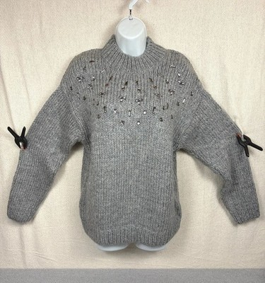 Mango Damen Pullover mit Verzierung Größe M Grau Glitzer Stehkragen Rippstrick
