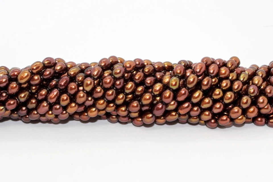 Dark Copper/Reddish Freshwater Pearls Rice/Oval 5mm x 6mm, 0.8mm hole,16 " Str. - Image 2 of 2