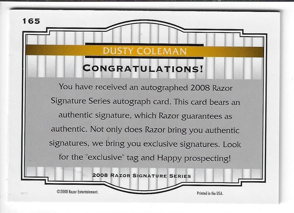 DUSTY COLEMAN 2008 RAZOR BASEBALL DRAFT SIGNATURE CARD ROUND 28  165 #038/499 - Image 2 of 2