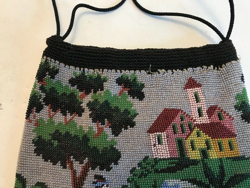 FRENCH MICRO BEAD VICTORIAN PURSE, SHEPHERD, DOG, SHEEP, TREE, HOUSES, SCENIC - Picture 7 of 12