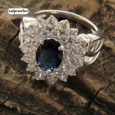 2CT Oval Cut Genuine Blue Sapphire Cluster Flower Wedding Ring 14K White Gold FN