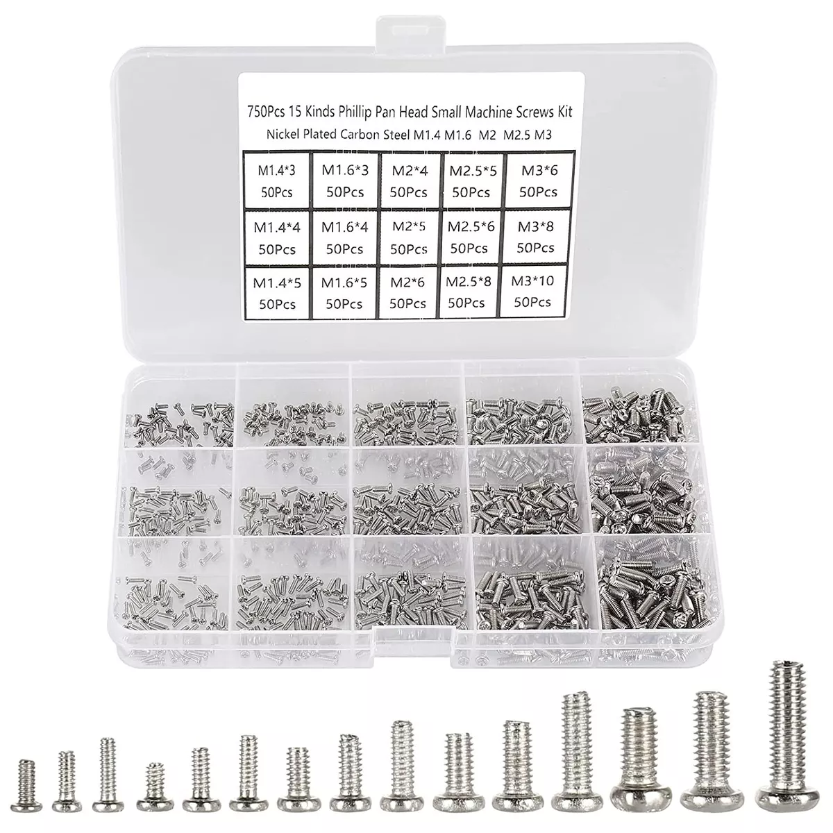 750pcs M1.4 M1.6 M2 M2.5 M3 Phillips Pan Head Small Machine Screws Tiny  Screw