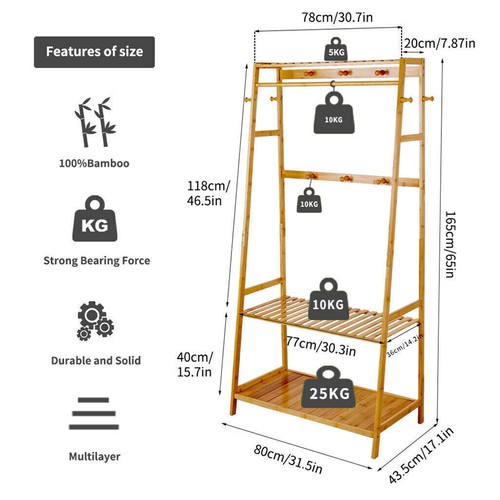 Heavy Duty Clothes Rack Solid Wood Garment w/ 3 Shelves Purse Hanging Side Hooks - Picture 7 of 12