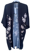 Babeyond NWT One Size Black Floral Satin Kimono Robe Open Front MISSING BELT