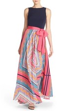 Eliza J Scarf Print Jersey & Crêpe de Chine Maxi Dress 6 Sleeveless Boat Neck