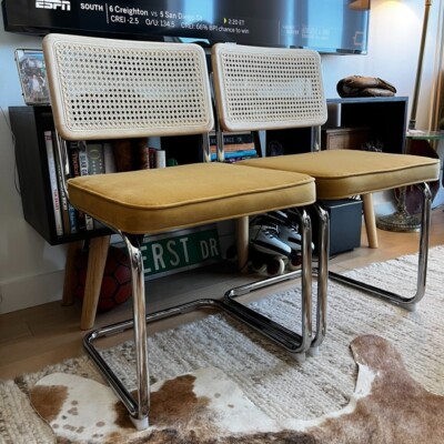 2 Gold Retro Velvet Rattan Cesca Mid-Century Dining Chairs Accent Vintage Eames