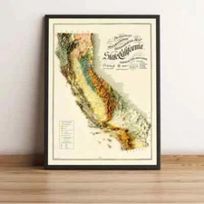 California Map, California 2D Relief Map, California Vintage Map - 2D Flat Print