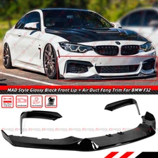 FOR 14-20 BMW F32 F36 4 SERIES M SPORT MAD STYLE BLACK FRONT LIP + BUMPER FANG