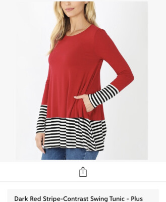 ZENANA SWING STRIPED & SOLID CONTRAST WITH STRIPES ON BOTTOM & ARM SZ L NWOT