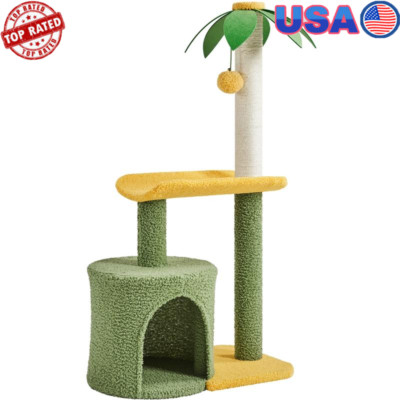 2-Level Coconut Palm Cat Tree 37 In Scratching Post Cozy Platform Dangling Toy