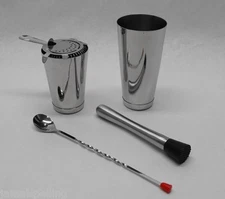 5 Piece BOSTON SHAKER SET Strainer, Muddler, Spoon & 2x WEIGHTED Tin Bar Kit
