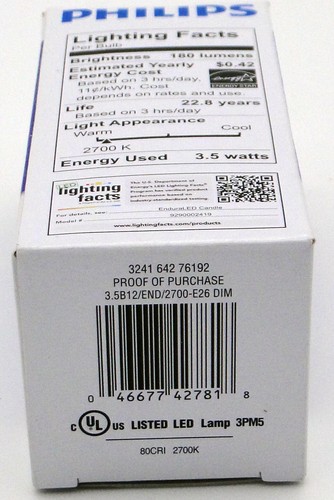8 PK. PHILLIPS B12 CANDLE LED Lamp, 3.5W, 120V Cat #: 3.5B12/END/2700-E26-DIM - Picture 5 of 5