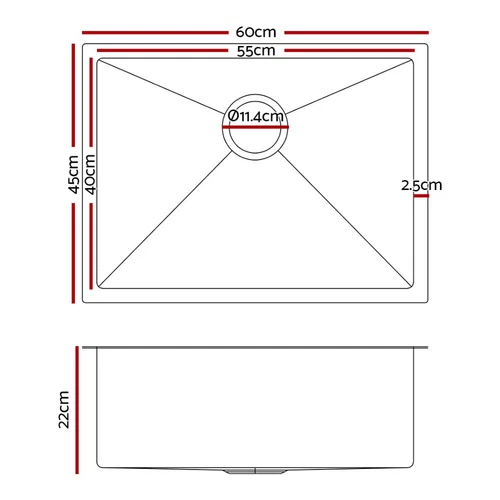 Cefito Kitchen Sink 60X45CM Stainless Steel Basin Single Bowl Silver - Picture 3 of 8