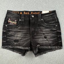 Rock Revival Mid-Rise Black Nuri Shorts Womens 25 Distressed Denim Rhinestone