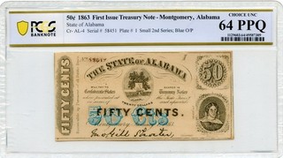 1863 First Issue Treasury 50c Note Montgomery Alabama PCGS Choice Unc 64PPQ