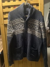 J.Crew Men's Medium 100 Lambswool Fair Isle Cardigan Blue Shawl Collar
