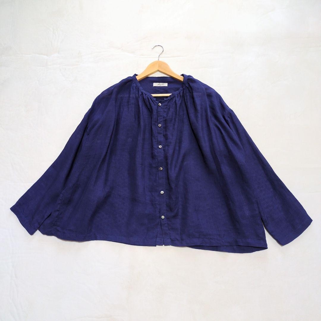 ICHI Antiquities Linen Gathered Blouse Black Collarless Casual Fashion