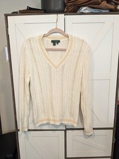 Lauren Ralph Lauren Cotton v-neck cable knit cream Sweater Women s Large Preppy