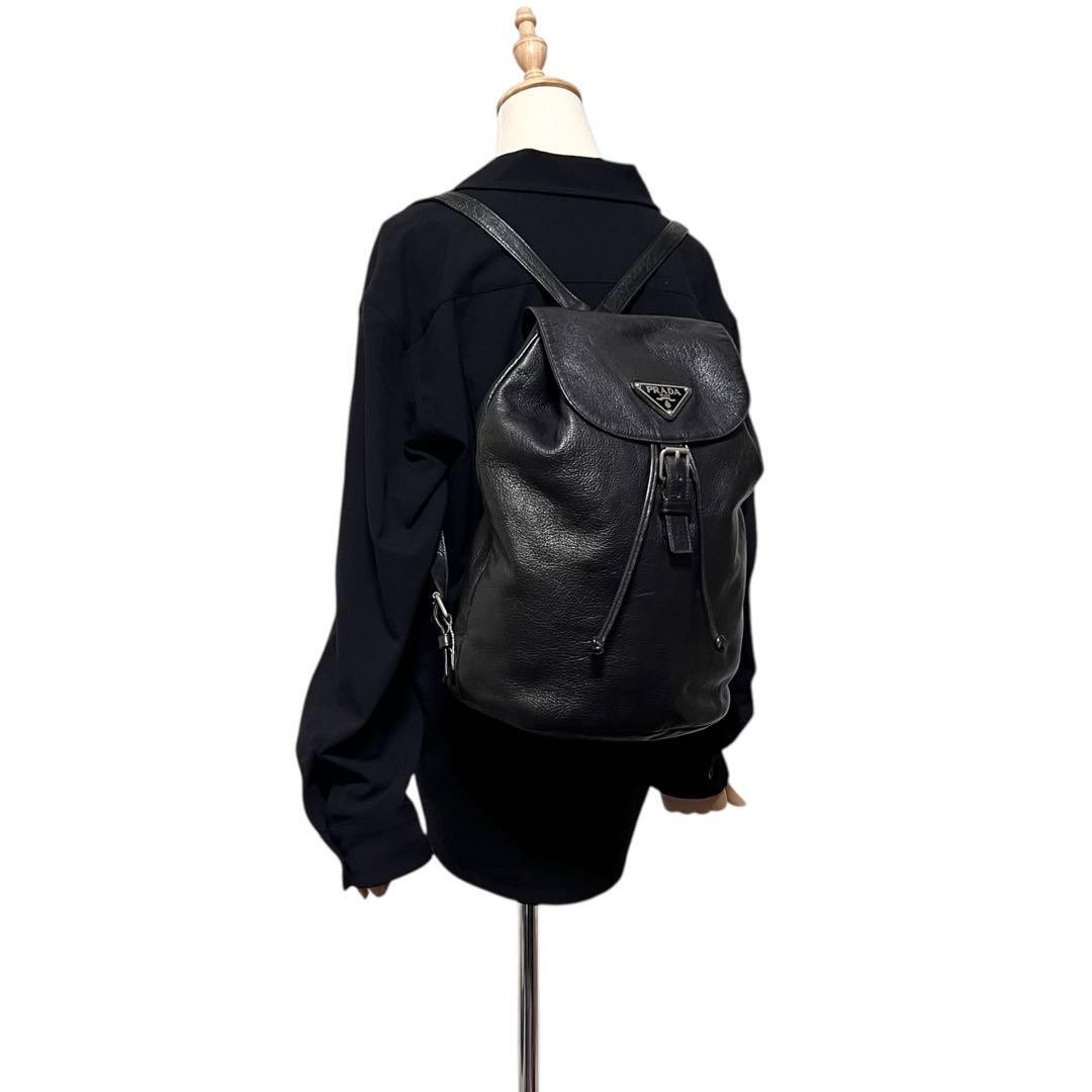 PRADA Triangle Logo Leather Backpack Black 632 from japan thumbnail 10