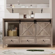 60" Bathroom Vanity Double Sink Ceramic Freestanding Cabinet White Wood Grain