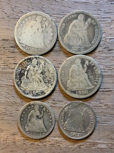 Lot of 4 10c Seated Dimes 1853,1875,1876,1890 & 2 Half Dimes 1854,1873-s