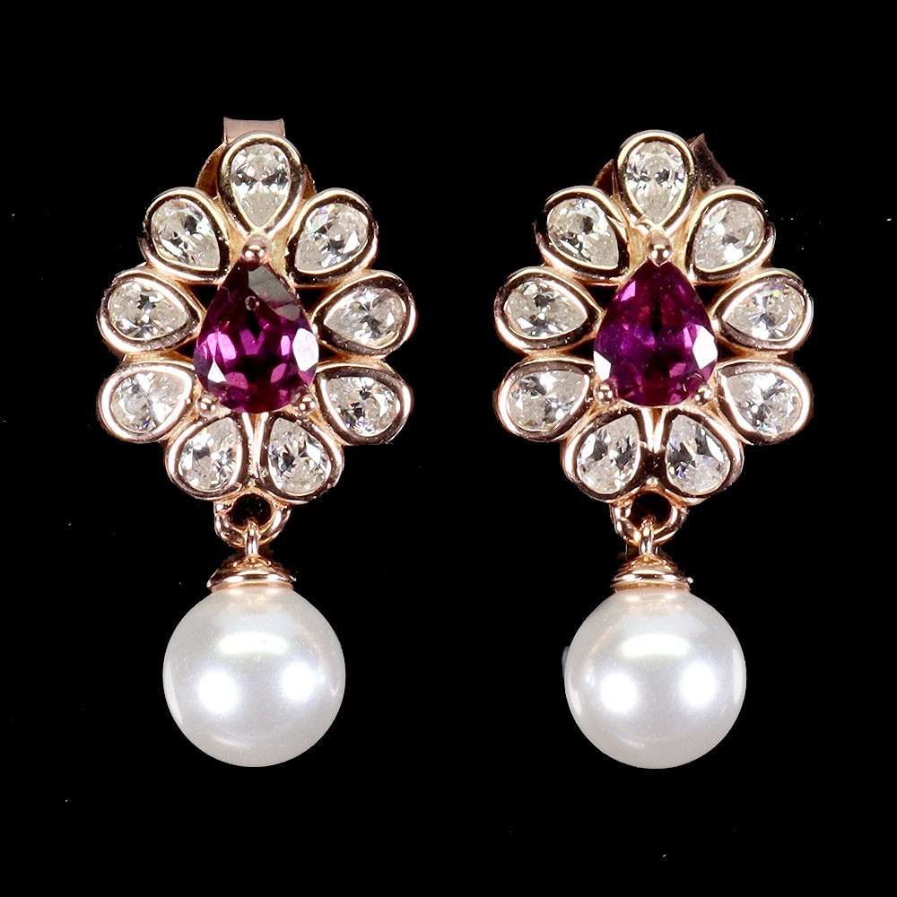 925 Sterling Silver Earrings Pear Rhodolite Garnet 5x4mm Pearl Gemstone Jewelry