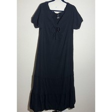 Black Maxi Dress Lace Trim‎ Cottagecore Tiered Ruffle Hem Summer Casual