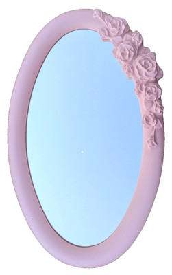 Vintage Pink Oval Wall Mirror With Roses Art Nouveau Style Signed DINA