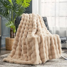 Cozy Bliss Faux Fur Throw Blanket for Couch, Fuzzy Soft Plush Thick Bubble Bl...