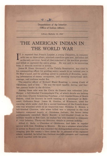 The American Indian in The World War Booklet, Dept. of Indian Affairs, 1927, 4pp