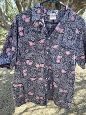 barefoot in paradise hawaiian shirt sz XL gray/black,flowers [08]