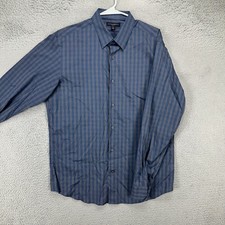 Banana Republic Shirt Dress Mens 16-16.5 Large Blue Plaid Button Up Stretch Slim
