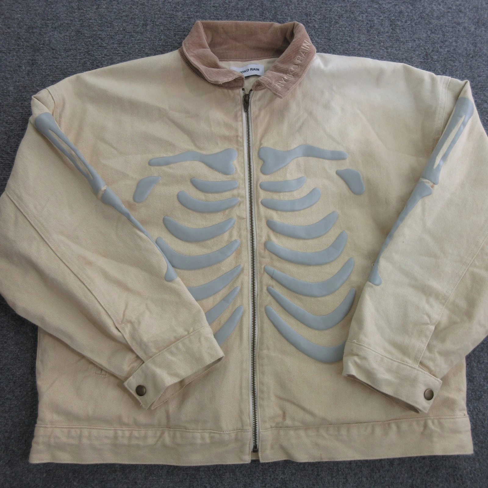 Ryoko Rain Jacket Mens Medium Beige Canvas Skeleton Graphic Full Zip Halloween - product detail image 2