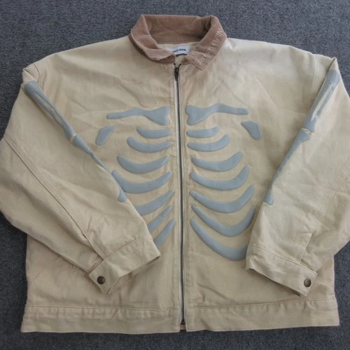 Ryoko Rain Jacket Mens Medium Beige Canvas Skeleton Graphic Full Zip Halloween image 2