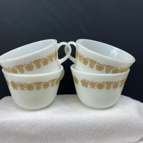 Pyrex ~ Lot of 4 Woodland Brown Floral White Milk Glass Coffee Tea Cup no chips