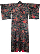 Japanese Tsumugi Silk Kimono Red Black Geometric Kasuri Vintage Unused XS 58.7in