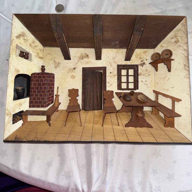 Vintage Polish Folk Art Miniature Cottage Kitchen Diorama Shadow Box 