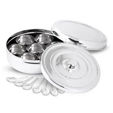Double Lid Spice Container Masala Dabba With 7 Compartments and 7 Spoons, Mas...