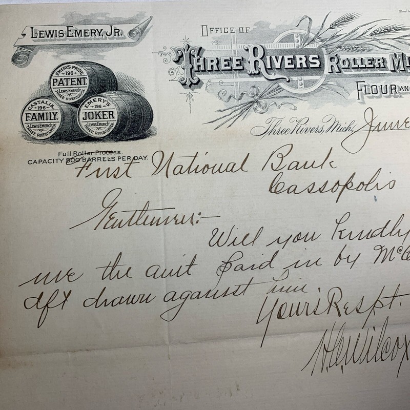 Letterhead SIGNED Wilcox Of Three Rivers Michigan Flour Mill 1891 Lewis Emery