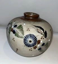Tonala Mexico Vase Signed Santana Pottery Stoneware Butterfly Floral