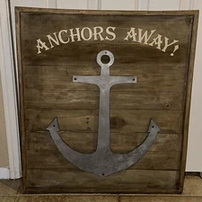“Anchors Away” Ships Tin Anchor On Rustic Wooden Frame Wall Art  26”x23”