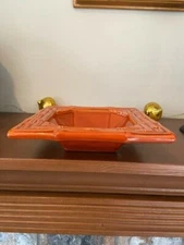 VTG Mid Century Burnt Orange Square Ceramic Dish w/Bamboo Design NICE