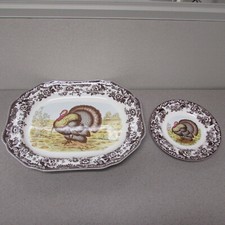 Spode China WOODLAND Pattern TURKEY Motif 13pc Thanksgiving Set Platter / Plates