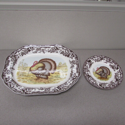 Spode China WOODLAND Pattern TURKEY Motif 13pc Thanksgiving Set Platter / Plates