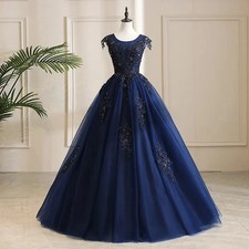 Navy Blue Cap Sleeve Ball Gown O-Neck Beaded Lace Formal Evening Prom Dresses