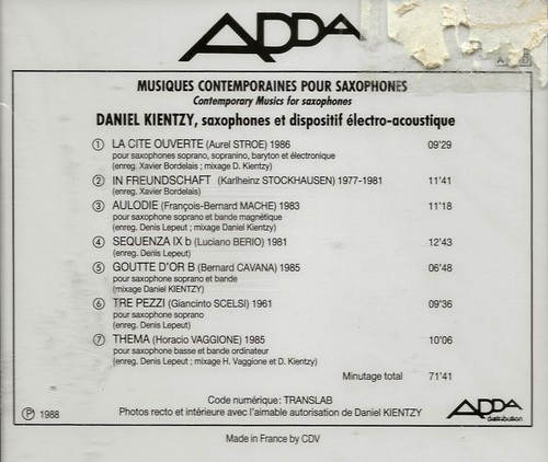 Daniel Kientzy - Contemporaines Pour Saxophone (CD) 1988, Frankreich, versiegelt - Bild 2 von 2