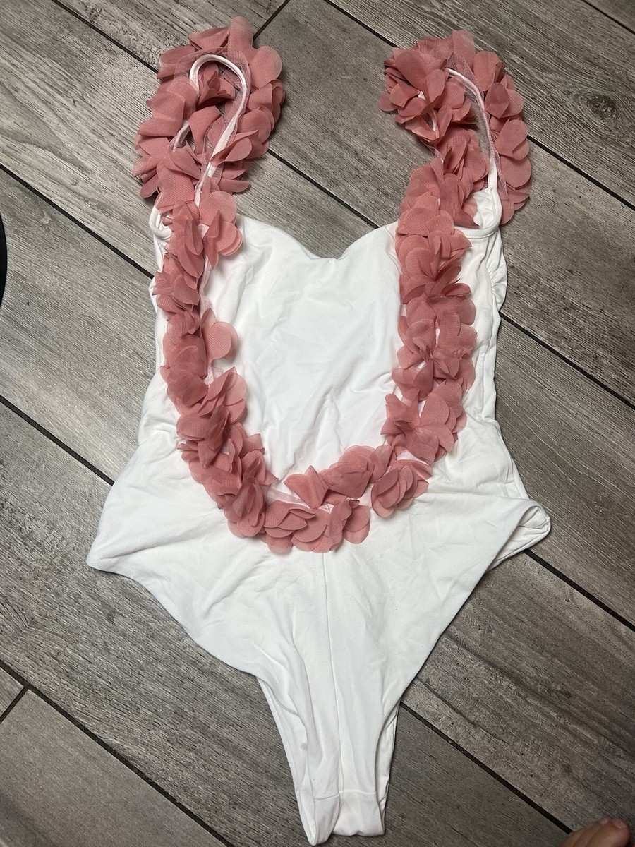 La Reveche Size LARGE Amira White Swimsuit Pink Chiffon