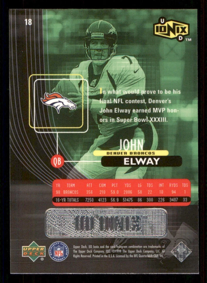 1999 UD Ionix #18 John Elway - Image 2 of 2