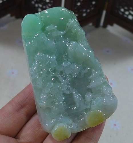 Cert'd Natural Type A Light Green Yellow Jadeite Jade Big Landscape Pendant 6684 - Picture 2 of 9