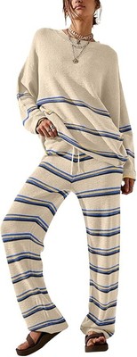 EVALESS 2 Piece LOUNGEWEAR Striped KNIT Sweater Pant SET Matching PAJAMA Lounge